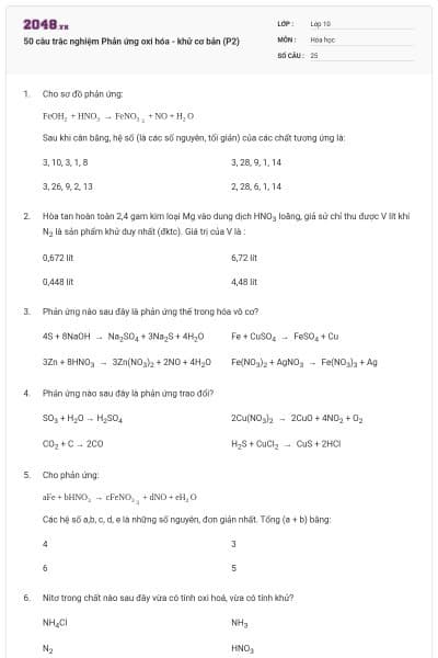 50 câu trắc nghiệm Phản ứng oxi hóa - khử cơ bản (P2)
