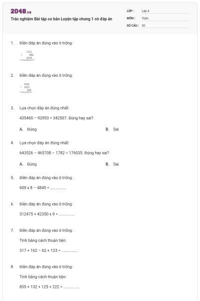 Trắc nghiệm Bài tập cơ bản Luyện tập chung 1 có đáp án