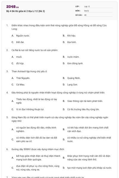 Bộ 4 Đề thi giữa kì 2 Địa Lí 12 (Đề 3)