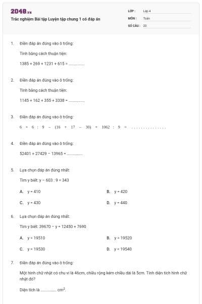 Trắc nghiệm Bài tập Luyện tập chung 1 có đáp án