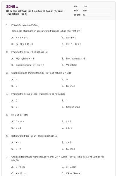 Đề thi Học kì 2 Toán lớp 8 cực hay, có đáp án (Tự Luận - Trắc nghiệm - Đề 1)