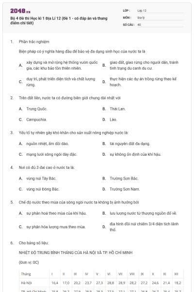 Bộ 4 Đề thi Học kì 1 Địa Lí 12 (Đề 1 - có đáp án và thang điểm chi tiết)