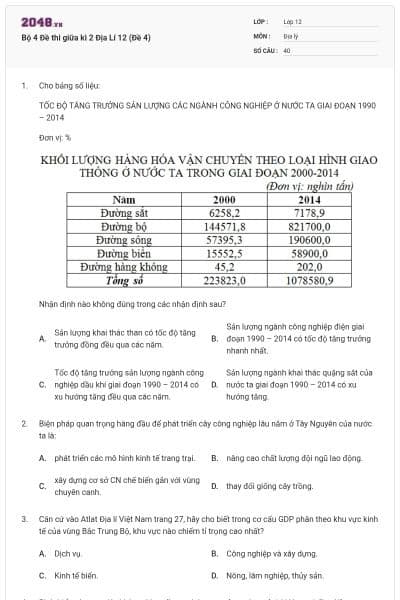 Bộ 4 Đề thi giữa kì 2 Địa Lí 12 (Đề 4)
