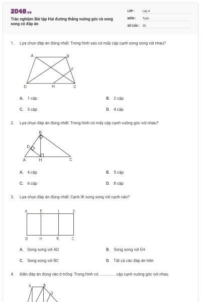 Trắc nghiệm Bài tập Hai đường thẳng vuông góc và song song có đáp án