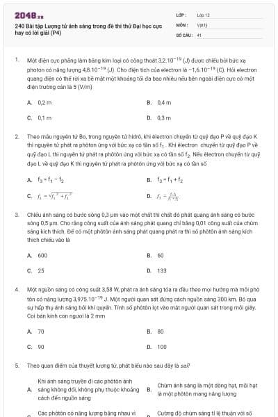 240 Bài tập Lượng tử ánh sáng trong đề thi thử Đại học cực hay có lời giải (P4)