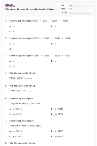 Trắc nghiệm Bài tập cơ bản Luyện tập chung 2 có đáp án