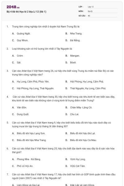 Bộ 4 Đề thi Học kì 2 Địa Lí 12 (Đề 1)