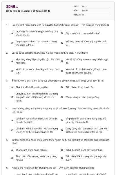 Đề thi giữa kì 1 Lịch Sử 9 có đáp án (Đề 4)