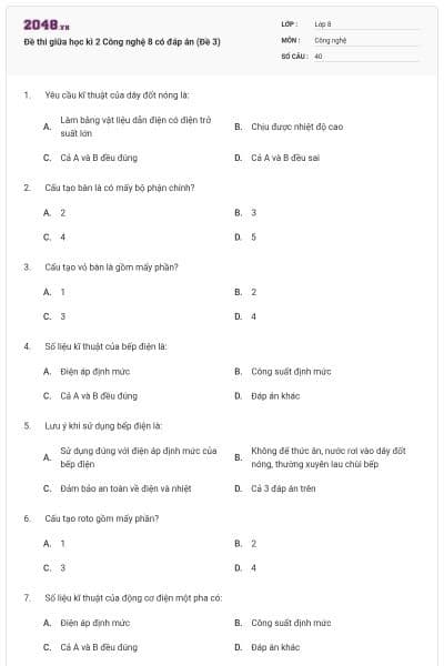 Đề thi giữa học kì 2 Công nghệ 8 có đáp án (Đề 3)