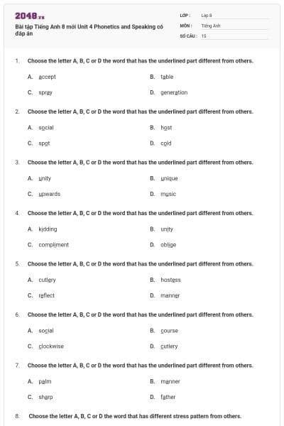 Bài tập Tiếng Anh 8 mới Unit 4 Phonetics and Speaking có đáp án