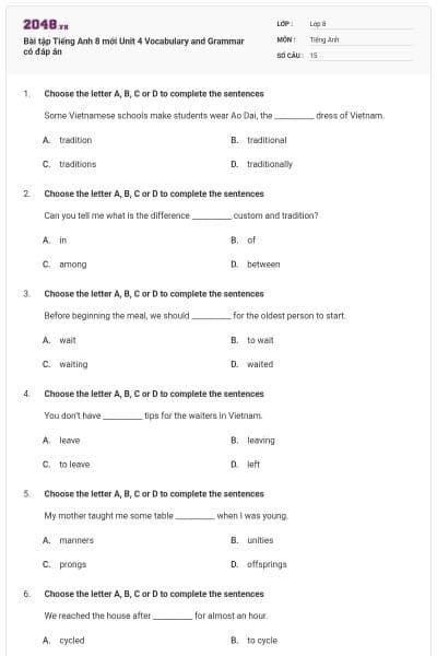 Bài tập Tiếng Anh 8 mới Unit 4 Vocabulary and Grammar có đáp án