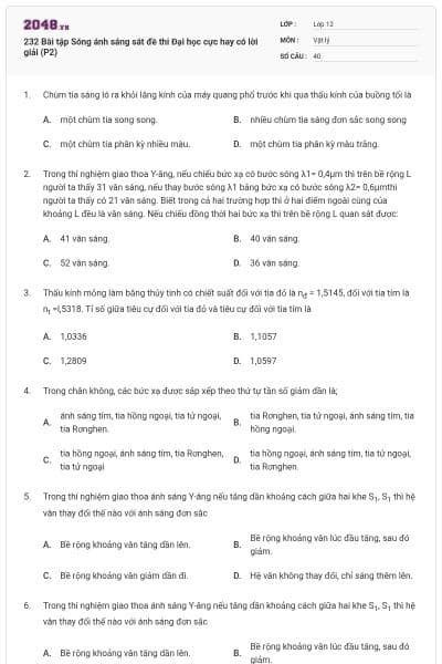 232 Bài tập Sóng ánh sáng sát đề thi Đại học cực hay có lời giải (P2)