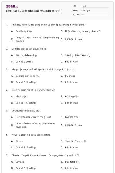 Đề thi Học kì 2 Công nghệ 8 cực hay, có đáp án (Đề 1)