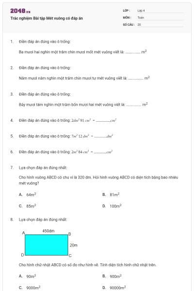 Trắc nghiệm Bài tập Mét vuông có đáp án