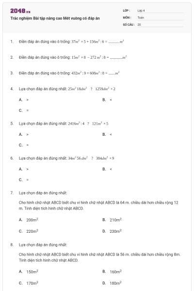 Trắc nghiệm Bài tập nâng cao Mét vuông có đáp án