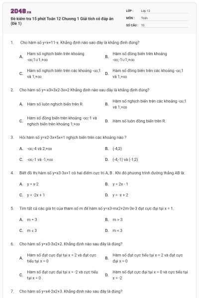 Đề kiểm tra 15 phút Toán 12 Chương 1 Giải tích có đáp án (Đề 1)