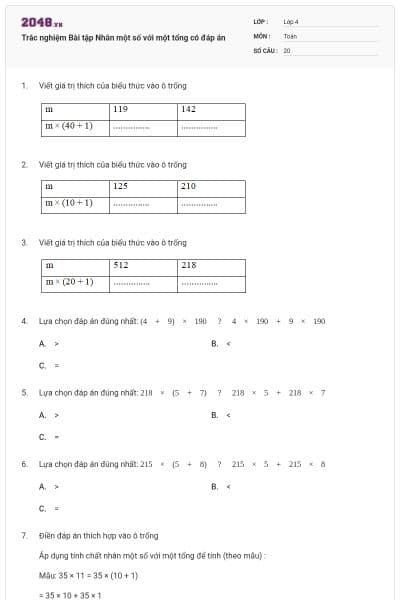 Trắc nghiệm Bài tập Nhân một số với một tổng có đáp án