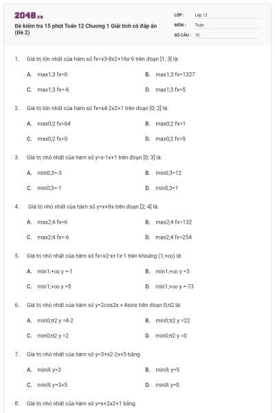 Đề kiểm tra 15 phút Toán 12 Chương 1 Giải tích có đáp án (Đề 2)