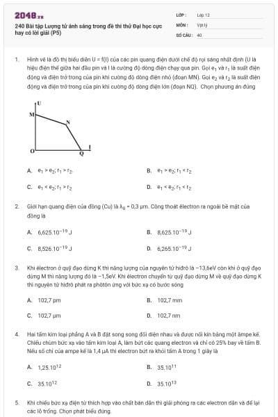 240 Bài tập Lượng tử ánh sáng trong đề thi thử Đại học cực hay có lời giải (P5)