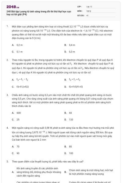 240 Bài tập Lượng tử ánh sáng trong đề thi thử Đại học cực hay có lời giải (P4)