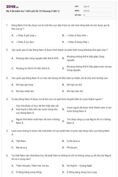 Bộ 4 Đề kiểm tra 1 tiết Lịch Sử 10 Chương 5 (Đề 1)