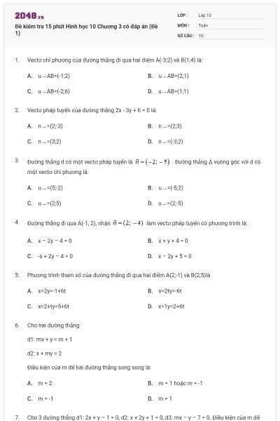 Đề kiểm tra 15 phút Hình học 10 Chương 3 có đáp án (Đề 1)