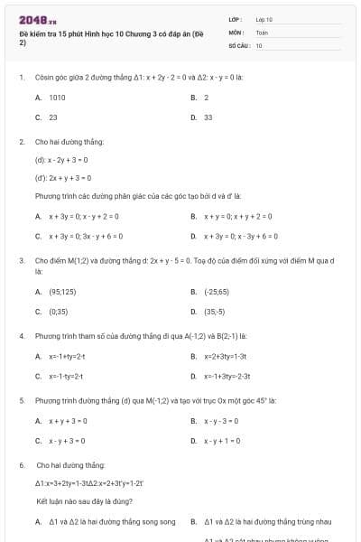 Đề kiểm tra 15 phút Hình học 10 Chương 3 có đáp án (Đề 2)
