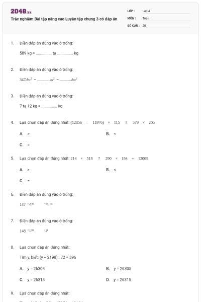 Trắc nghiệm Bài tập nâng cao Luyện tập chung 3 có đáp án