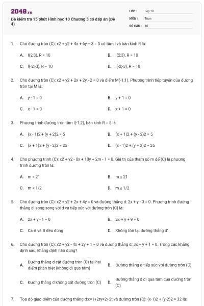 Đề kiểm tra 15 phút Hình học 10 Chương 3 có đáp án (Đề 4)