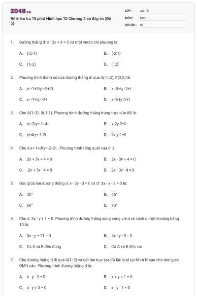 Đề kiểm tra 15 phút Hình học 10 Chương 3 có đáp án (Đề 5)
