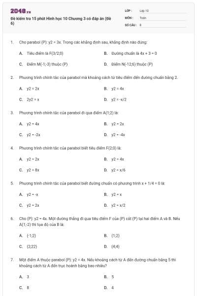 Đề kiểm tra 15 phút Hình học 10 Chương 3 có đáp án (Đề 6)