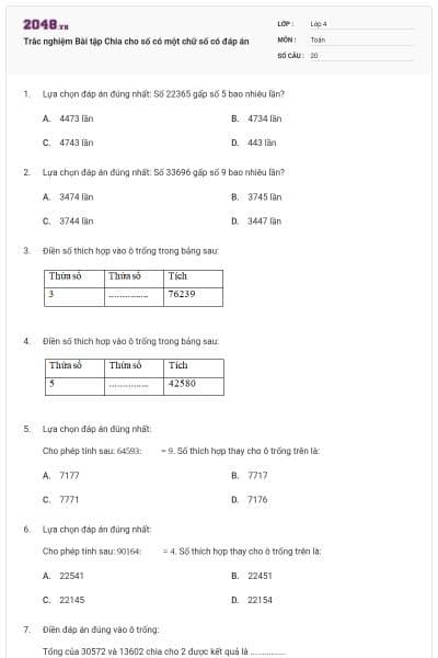 Trắc nghiệm Bài tập Chia cho số có một chữ số có đáp án