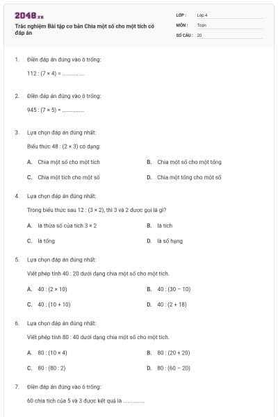 Trắc nghiệm Bài tập cơ bản Chia một số cho một tích có đáp án