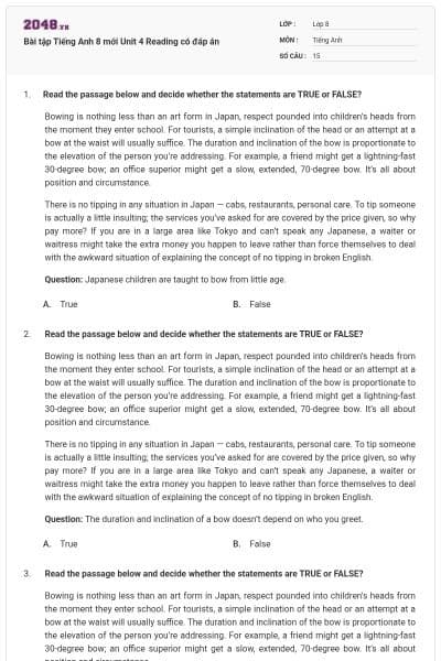 Bài tập Tiếng Anh 8 mới Unit 4 Reading có đáp án