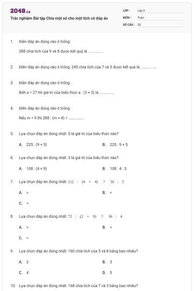 Trắc nghiệm Bài tập Chia một số cho một tích có đáp án