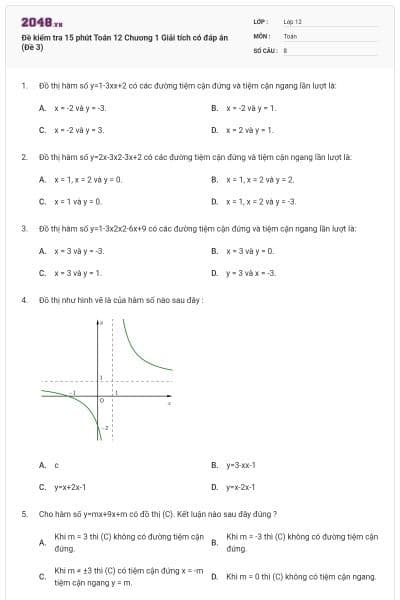 Đề kiểm tra 15 phút Toán 12 Chương 1 Giải tích có đáp án (Đề 3)