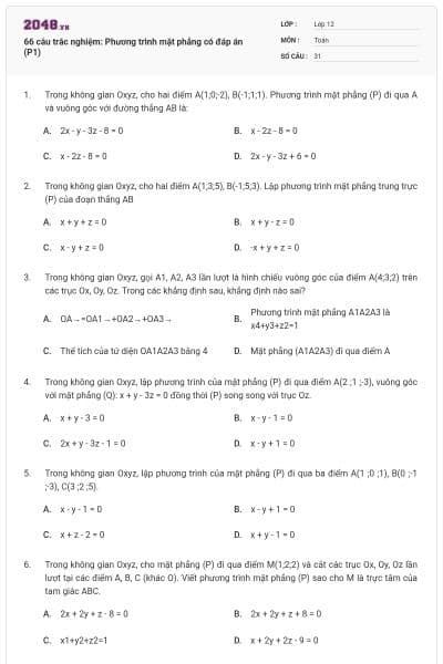 66 câu trắc nghiệm: Phương trình mặt phẳng có đáp án (P1)
