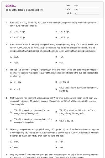 Đề thi Vật Lí 8 Học kì 2 có đáp án (Đề 1)