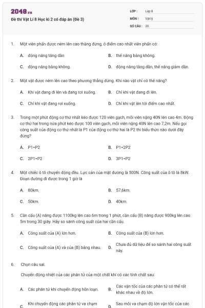 Đề thi Vật Lí 8 Học kì 2 có đáp án (Đề 3)