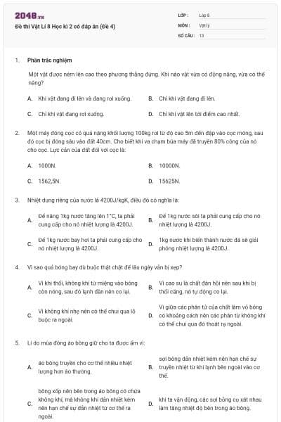 Đề thi Vật Lí 8 Học kì 2 có đáp án (Đề 4)