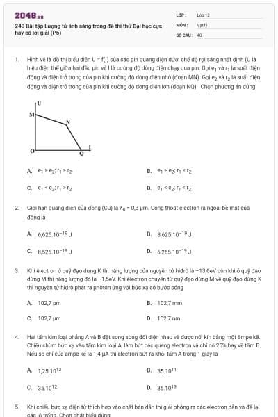 240 Bài tập Lượng tử ánh sáng trong đề thi thử Đại học cực hay có lời giải (P5)