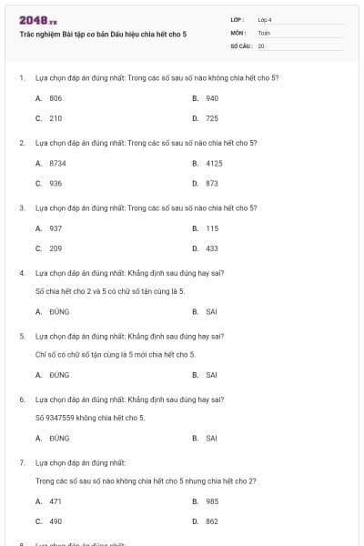 Trắc nghiệm Bài tập cơ bản Dấu hiệu chia hết cho 5