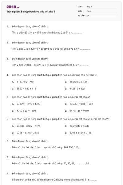 Trắc nghiệm Bài tập Dấu hiệu chia hết cho 5