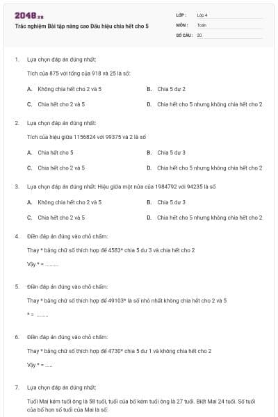Trắc nghiệm Bài tập nâng cao Dấu hiệu chia hết cho 5