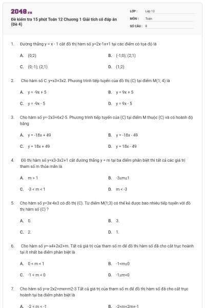 Đề kiểm tra 15 phút Toán 12 Chương 1 Giải tích có đáp án (Đề 4)