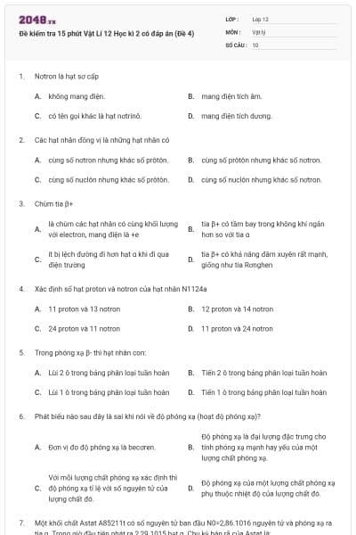 Đề kiểm tra 15 phút Vật Lí 12 Học kì 2 có đáp án (Đề 4)