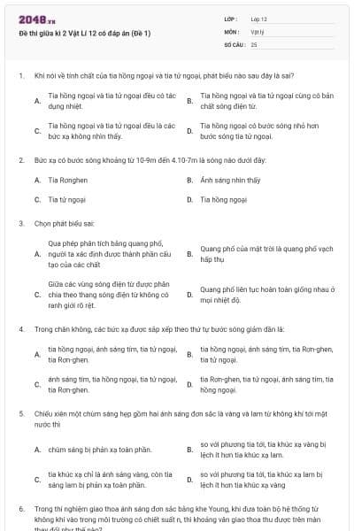 Đề thi giữa kì 2 Vật Lí 12 có đáp án (Đề 1)