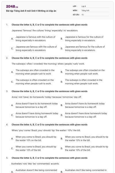 Bài tập Tiếng Anh 8 mới Unit 4 Writing có đáp án