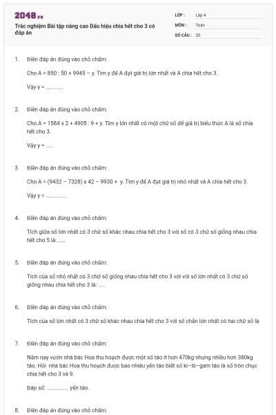 Trắc nghiệm Bài tập nâng cao Dấu hiệu chia hết cho 3 có đáp án