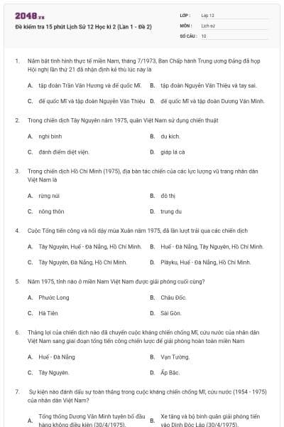 Đề kiểm tra 15 phút Lịch Sử 12 Học kì 2 (Lần 1 - Đề 2)